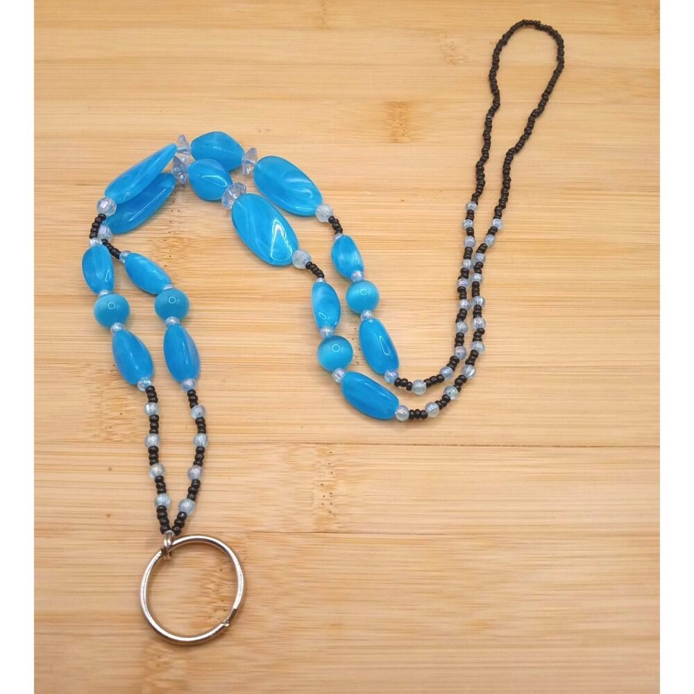 VTG Ice Blue Lucite Funky Beaded Lanyard w Black and White Seed Beads